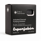 A black rectangular box of Esponjabén Activated Charcoal Purifying Exfoliator 2-in-1 Soap & Sponge, shown on a clean white background.