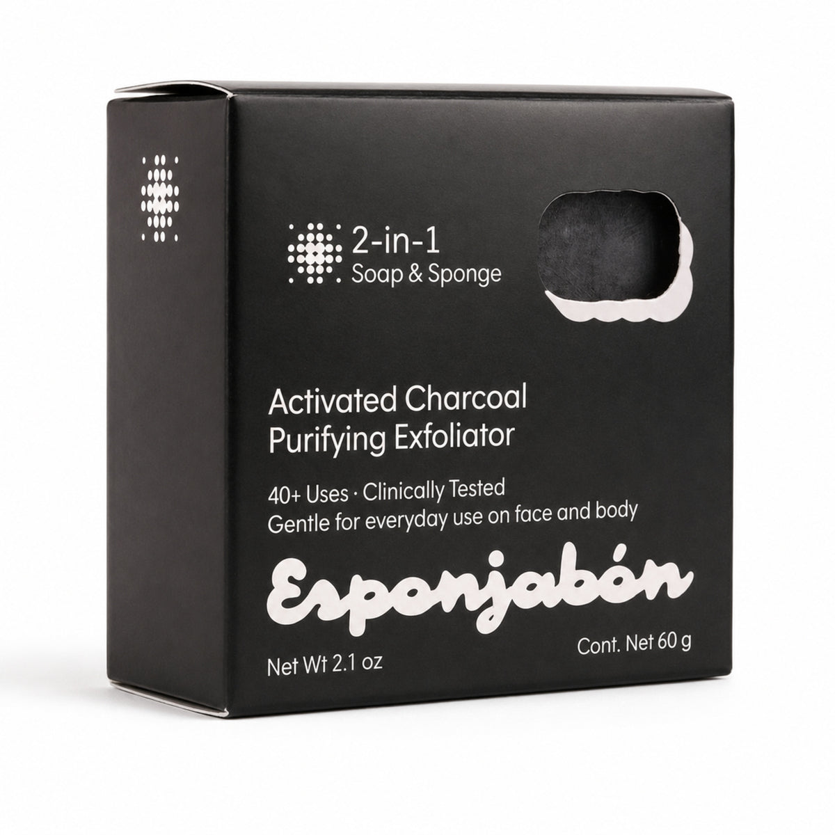 A black rectangular box of Esponjabén Activated Charcoal Purifying Exfoliator 2-in-1 Soap & Sponge, shown on a clean white background.