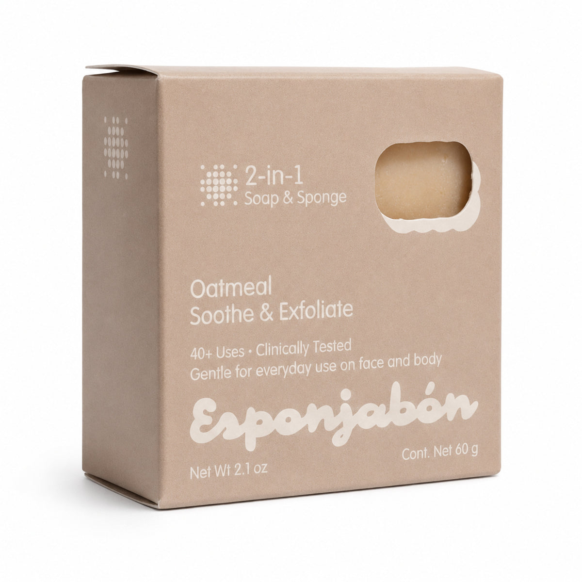 A 60 g box of Esponjabón Oatmeal Soothe & Exfoliate 2-in-1 Soap & Sponge, shown on a clean white background. The packaging is a natural kraft brown cardboard box with white text and a die-cut window showing the beige soap sponge inside.