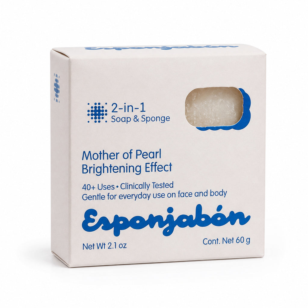 A white rectangular box of Esponjabón Mother of Pearl Brightening Effect soap and sponge, featuring blue text and logo on a clean white background.