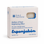 A white rectangular box of Esponjabón Mother of Pearl Brightening Effect soap and sponge, featuring blue text and logo on a clean white background.
