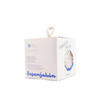 A white square product box with a loop handle, featuring blue text reading 'Esponjabon' , photographed on a clean white background.