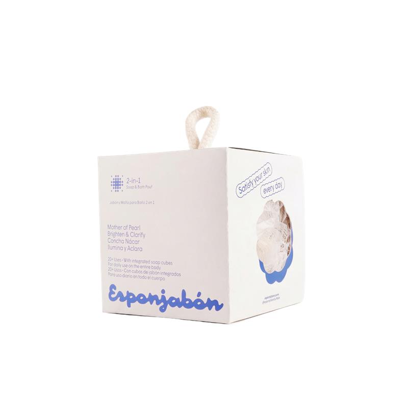 A white square product box with a loop handle, featuring blue text reading 'Esponjabon' , photographed on a clean white background.
