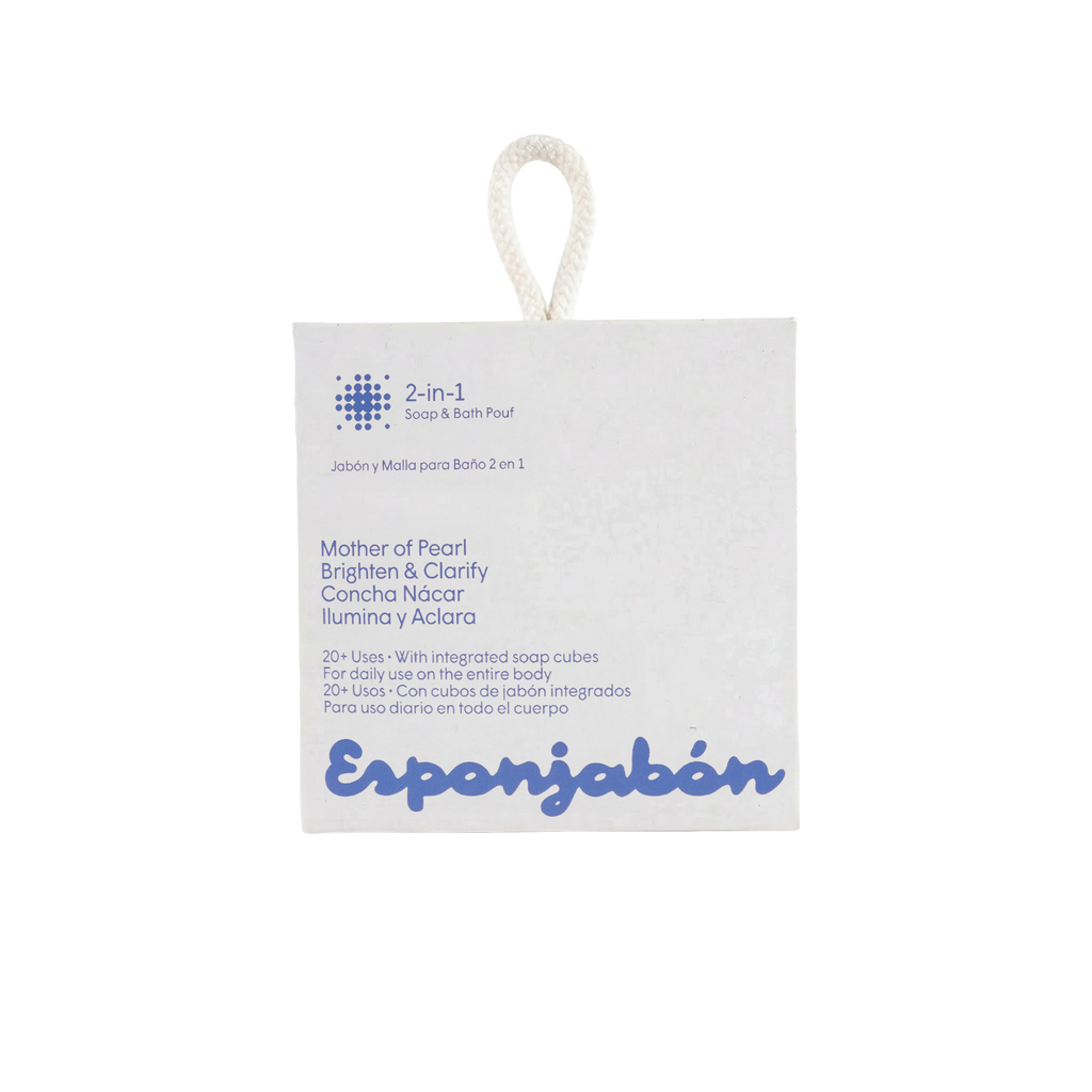 A white hanging soap package labeled '2-in-1 Body & Bath Proof' and 'Esponjabón' in blue text, with a small loop at the top, shown on a plain white background.