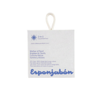 A white hanging soap package labeled '2-in-1 Body & Bath Proof' and 'Esponjabón' in blue text, with a small loop at the top, shown on a plain white background.