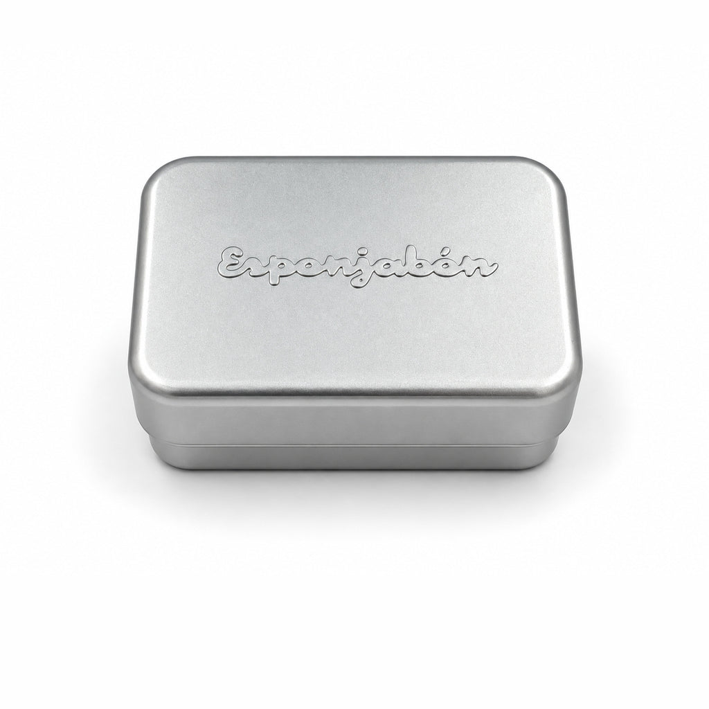 Esponjabón Collector Tin, embossed brushed-metal case for storing a dry bar