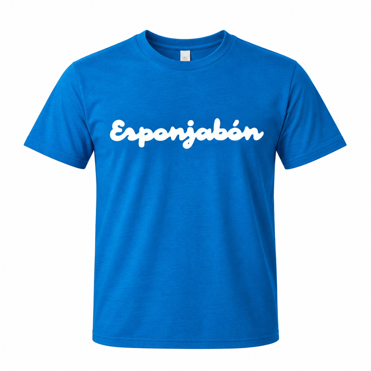 Esponjabon logo tee in cobalt blue, front view with white Esponjabon wordmark