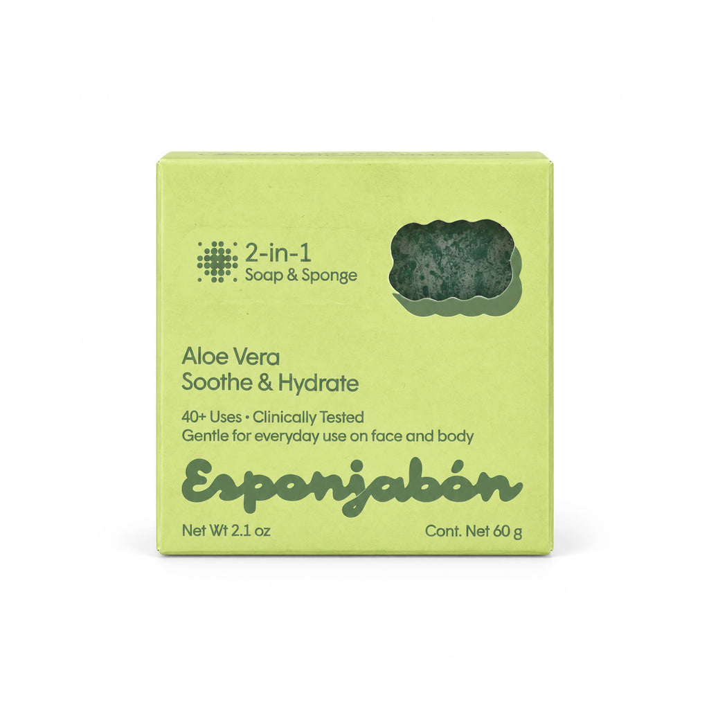 Mini Esponjabón Aloe Vera 2-in-1 soap sponge box, front view