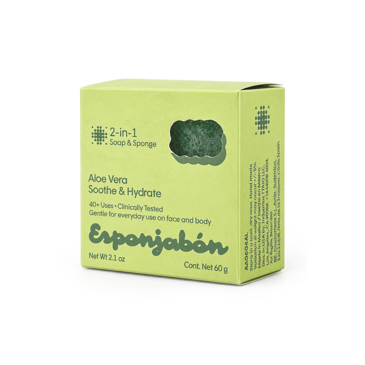 Mini Esponjabón Aloe Vera 2-in-1 soap sponge box, angled view