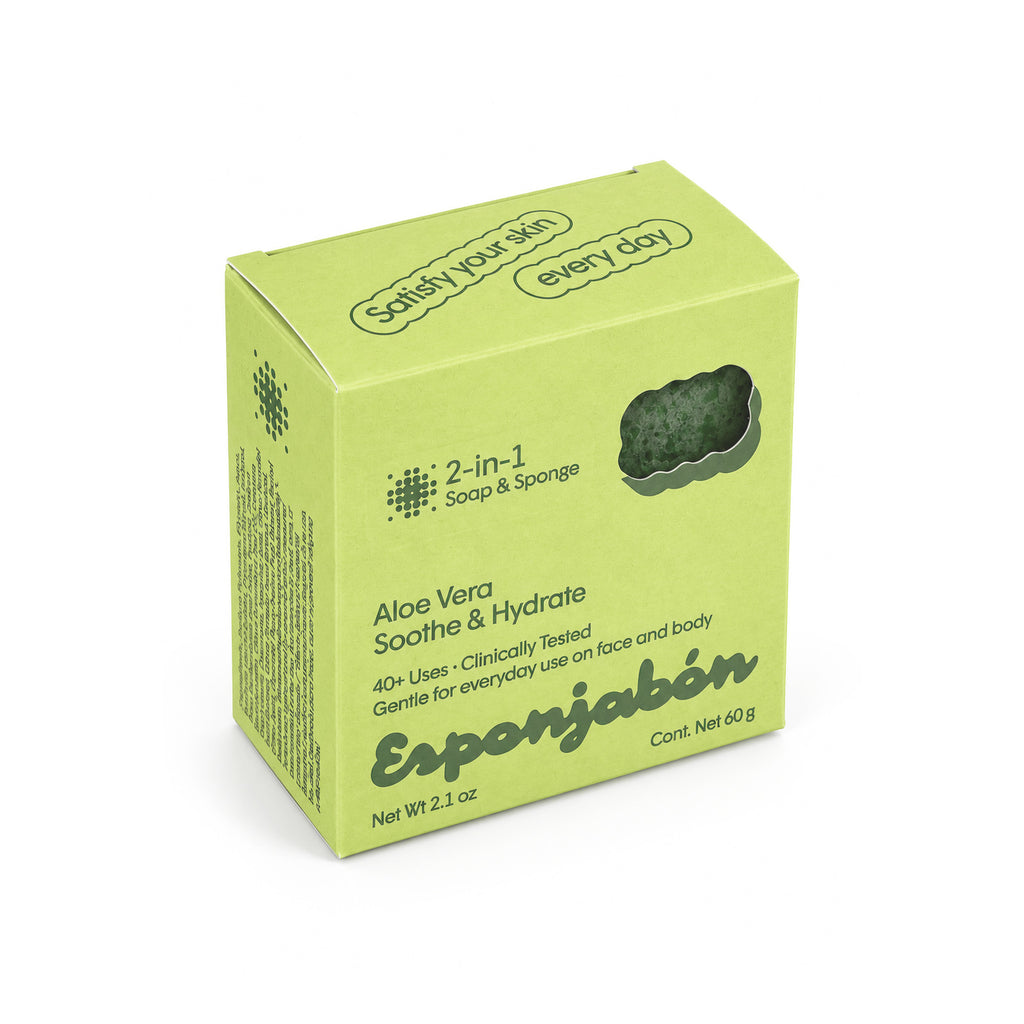 Mini Esponjabón Aloe Vera 2-in-1 soap sponge box, three-quarter view