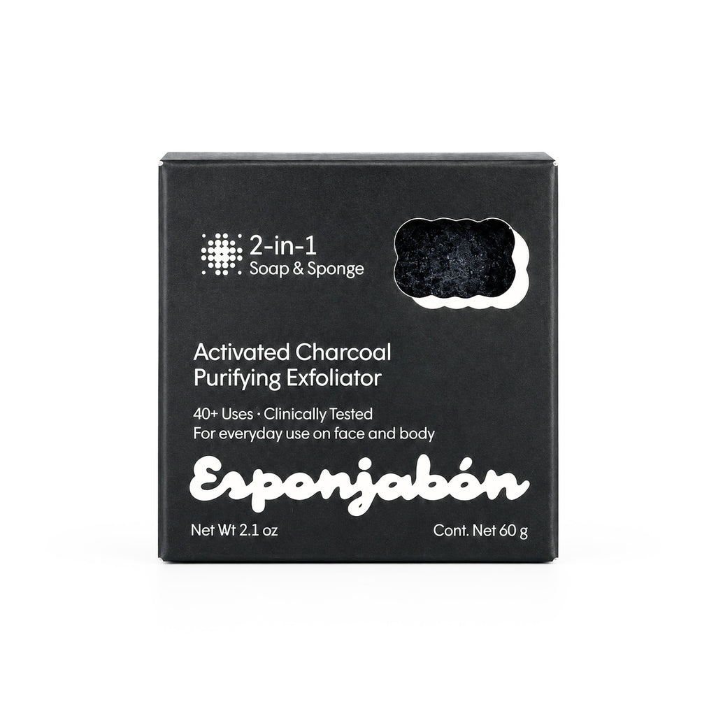 Mini Esponjabón Activated Charcoal 2-in-1 soap sponge box, front view