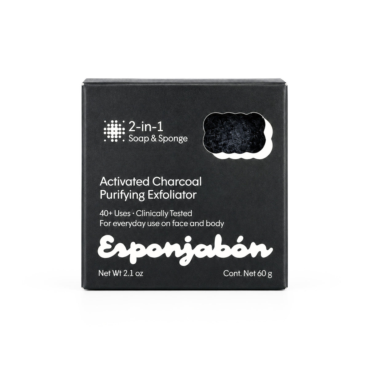 Mini Esponjabón Activated Charcoal 2-in-1 soap sponge box, front view