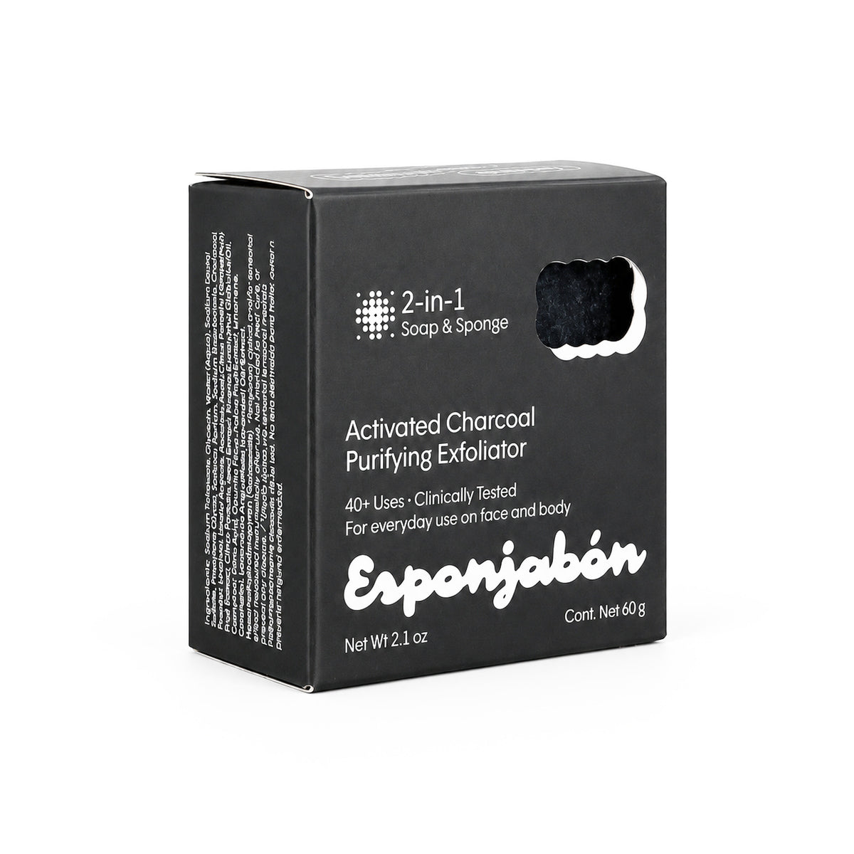 Mini Esponjabón Activated Charcoal 2-in-1 soap sponge box, angled view
