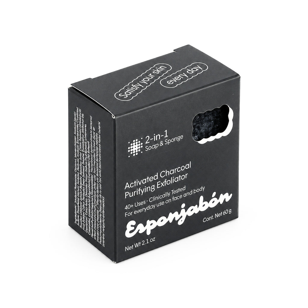 Mini Esponjabón Activated Charcoal 2-in-1 soap sponge box, three-quarter view
