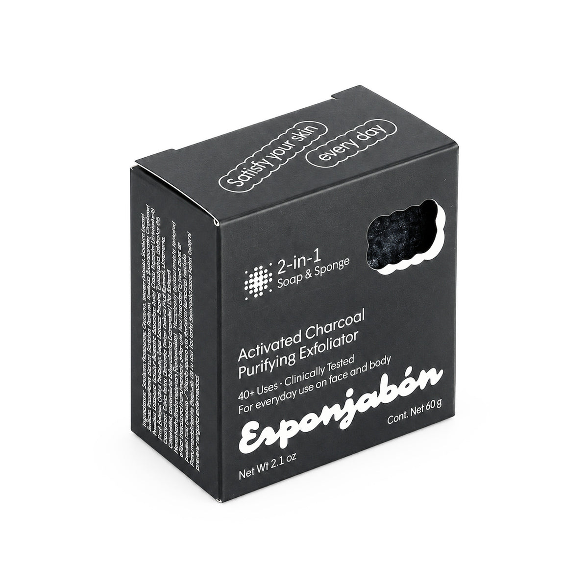 Mini Esponjabón Activated Charcoal 2-in-1 soap sponge box, three-quarter view