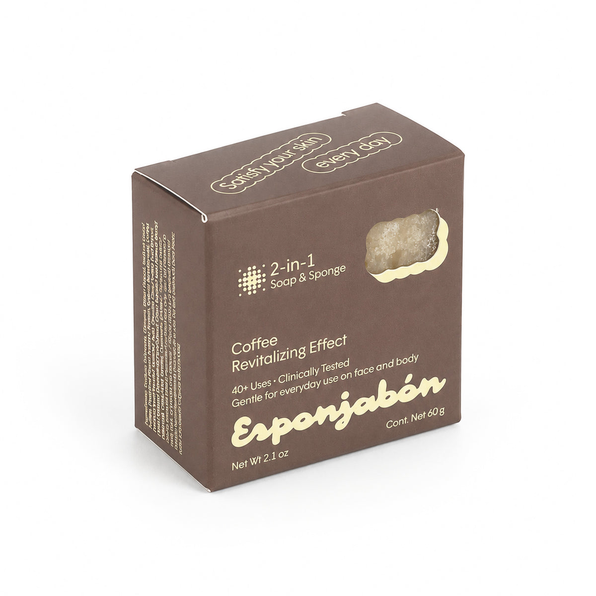 Mini Esponjabón Coffee 2-in-1 soap sponge box, angled view