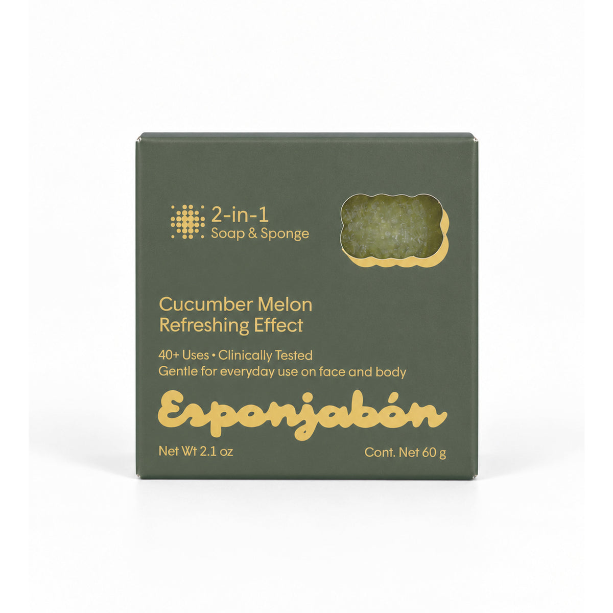 Mini Esponjabón Cucumber Melon 2-in-1 soap sponge box, front view