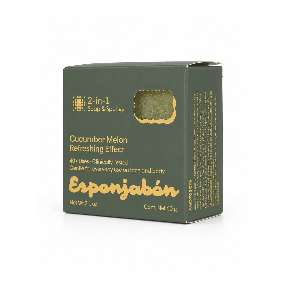 Mini Esponjabón Cucumber Melon 2-in-1 soap sponge box, angled view