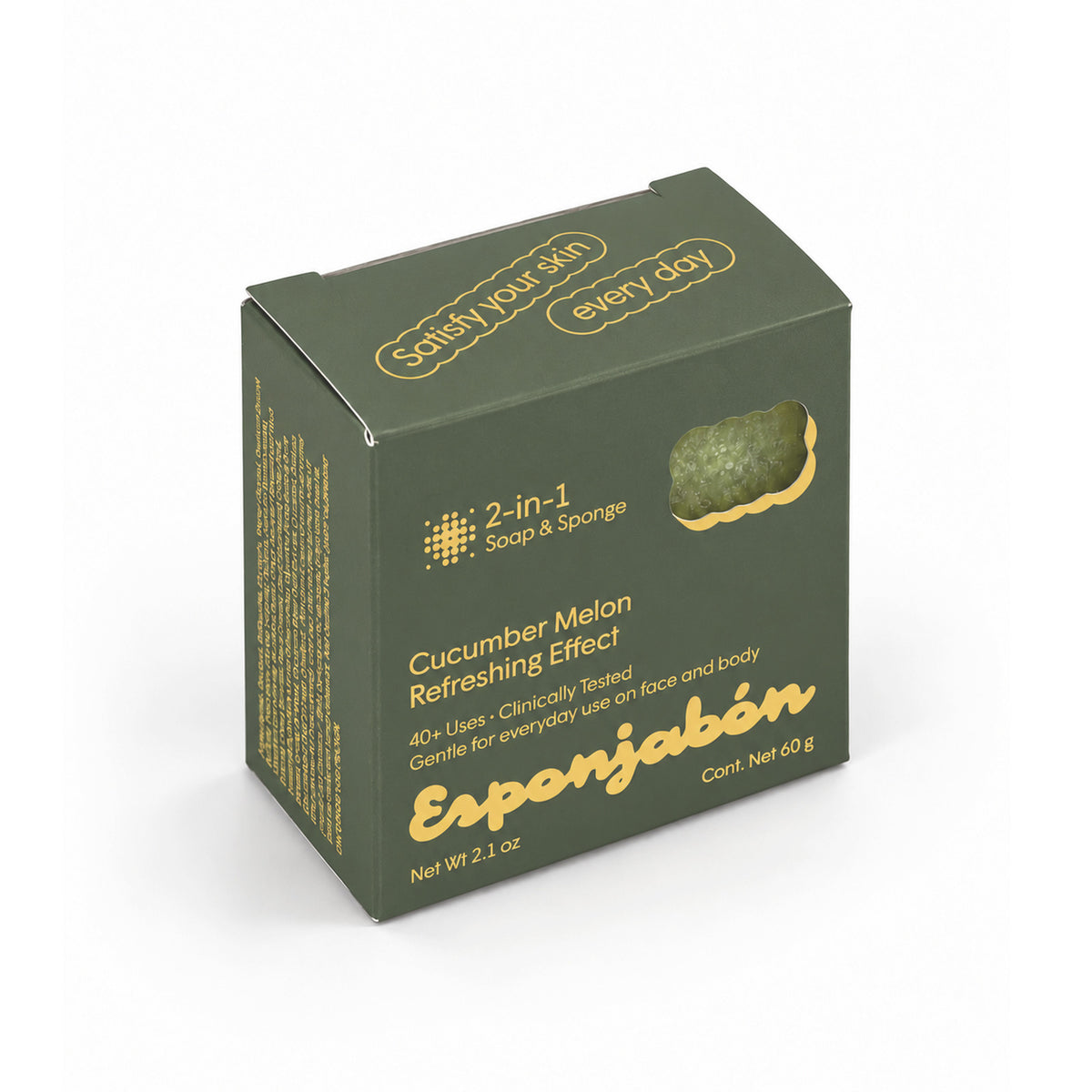 Mini Esponjabón Cucumber Melon 2-in-1 soap sponge box, three-quarter view