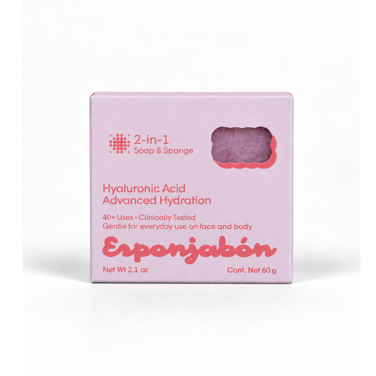Mini Esponjabón Hyaluronic Acid 2-in-1 soap sponge box, front view
