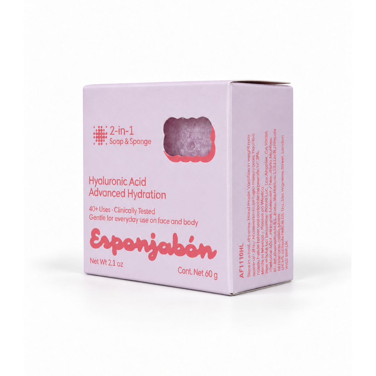 Mini Esponjabón Hyaluronic Acid 2-in-1 soap sponge box, angled view