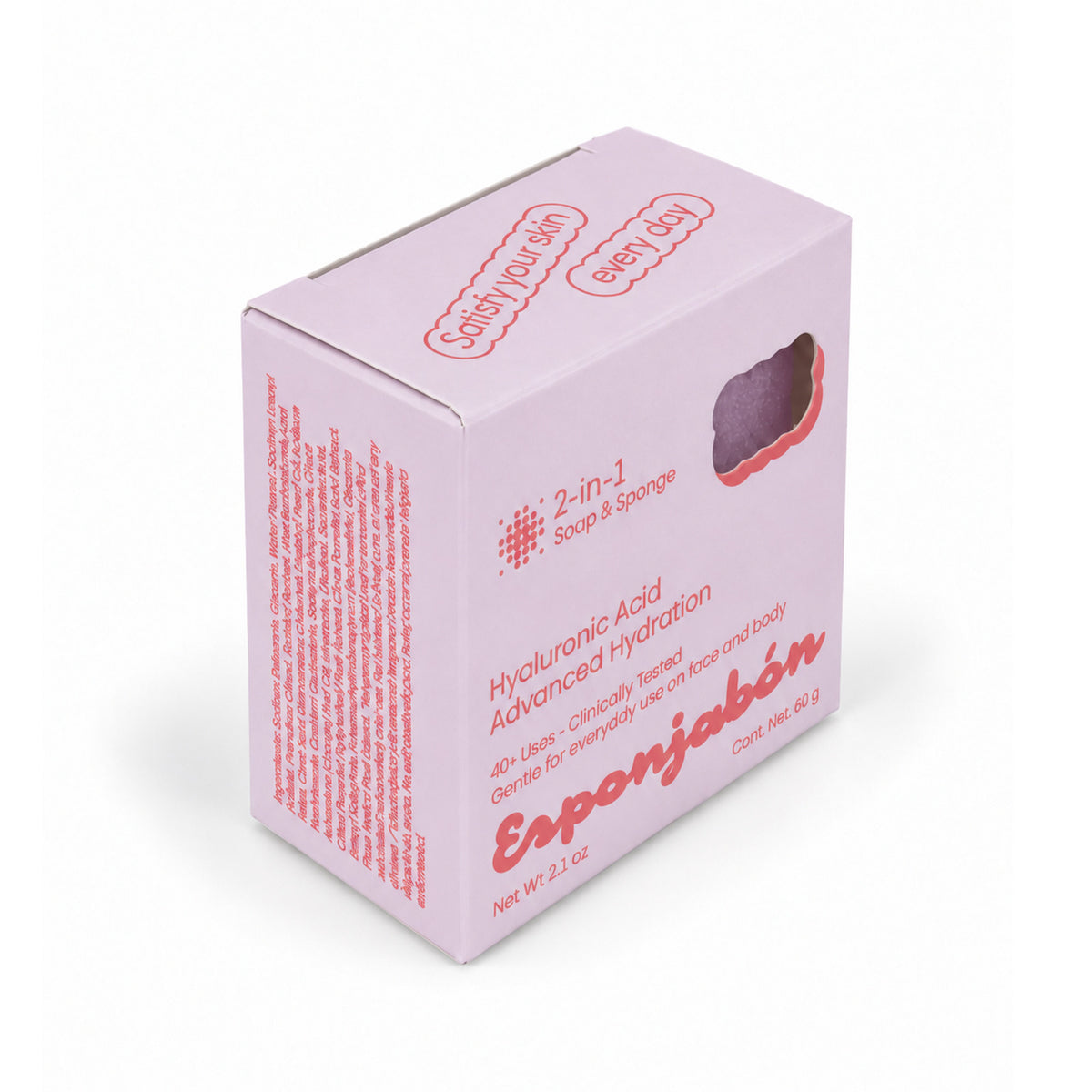 Mini Esponjabón Hyaluronic Acid 2-in-1 soap sponge box, three-quarter view