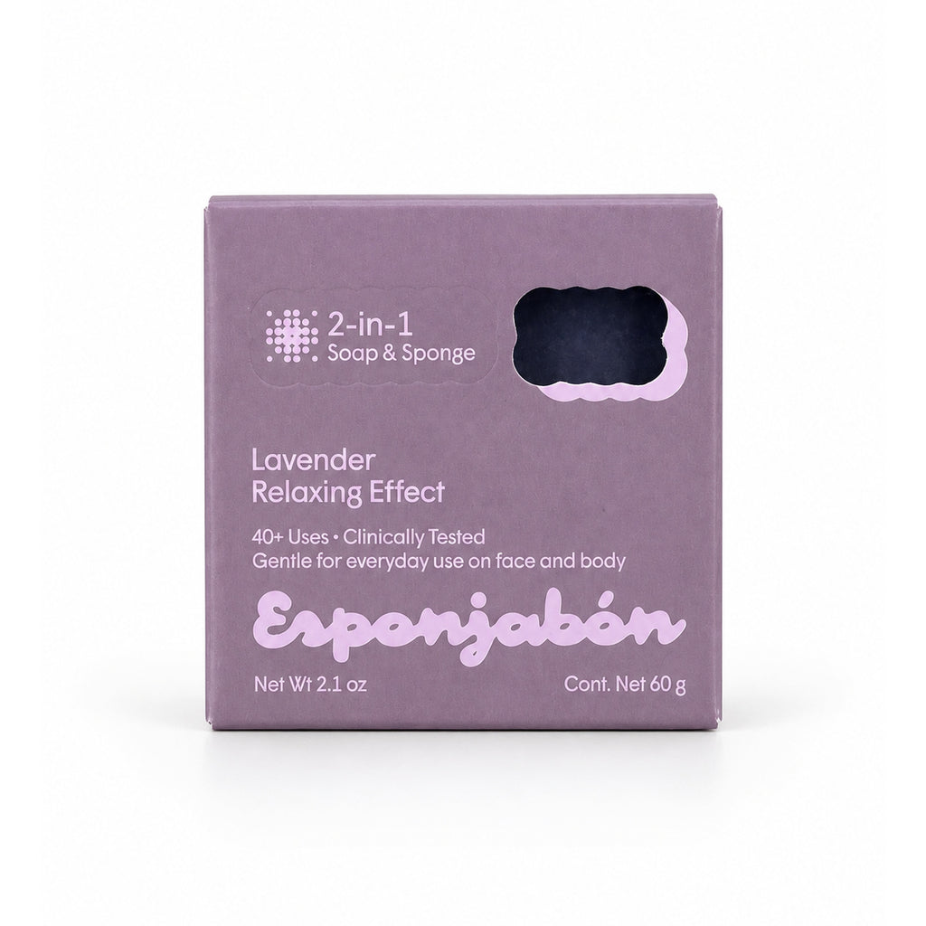 Mini Esponjabón Lavender 2-in-1 soap sponge box, front view