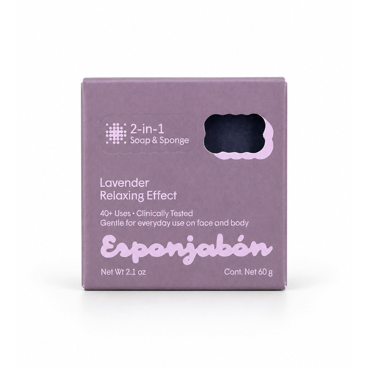 Mini Esponjabón Lavender 2-in-1 soap sponge box, front view