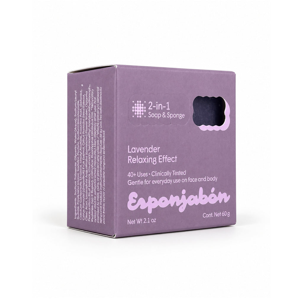 Mini Esponjabón Lavender 2-in-1 soap sponge box, angled view