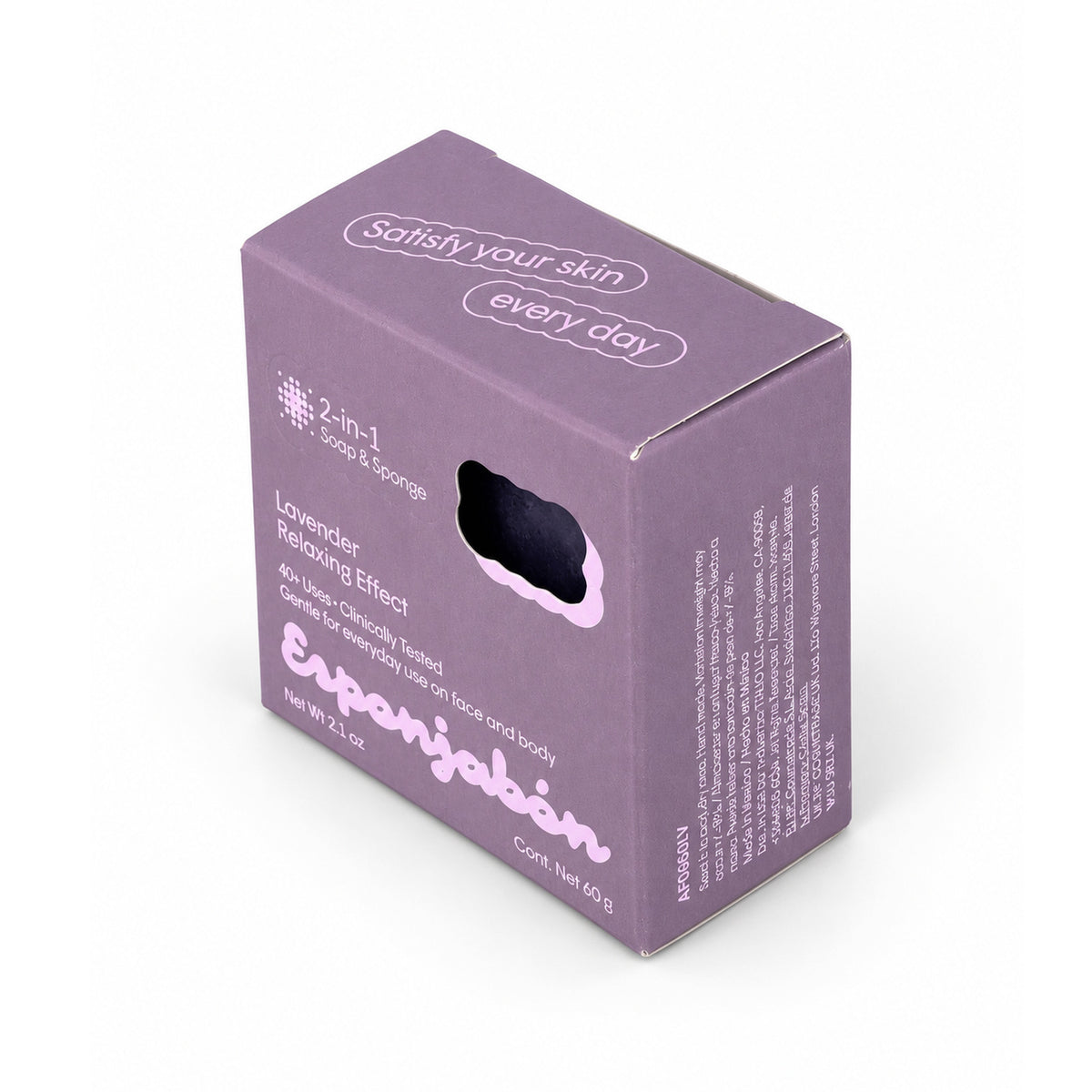 Mini Esponjabón Lavender 2-in-1 soap sponge box, three-quarter view