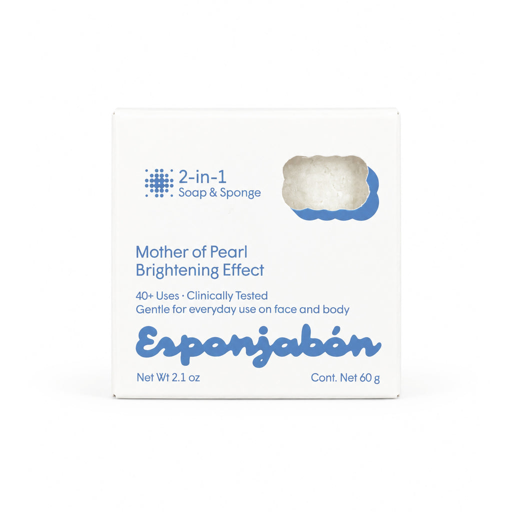 Mini Esponjabón Mother of Pearl 2-in-1 soap sponge box, front view