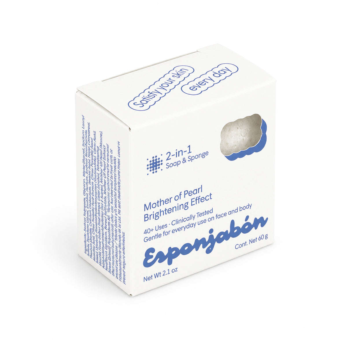 Mini Esponjabón Mother of Pearl 2-in-1 soap sponge box, three-quarter view