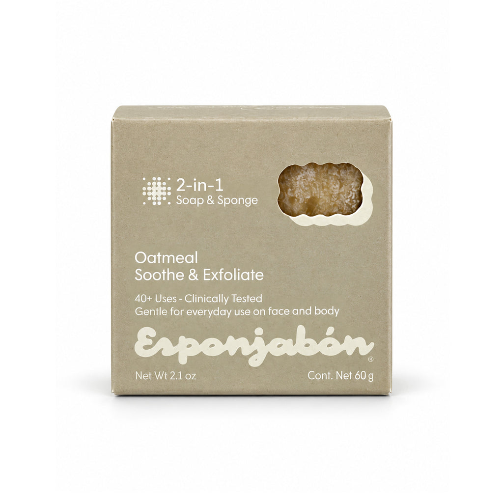 Mini Esponjabón Oatmeal 2-in-1 soap sponge box, front view