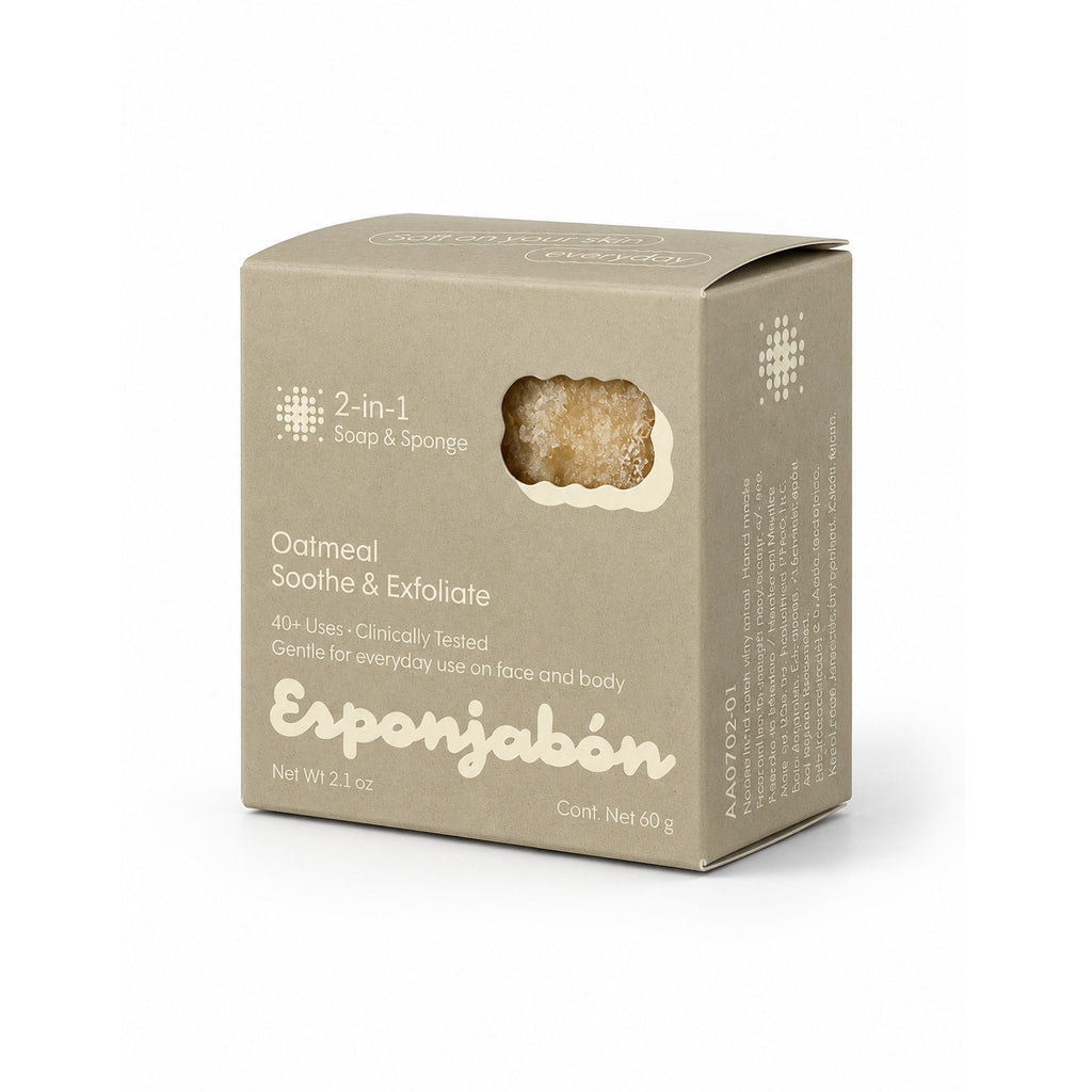Mini Esponjabón Oatmeal 2-in-1 soap sponge box, angled view