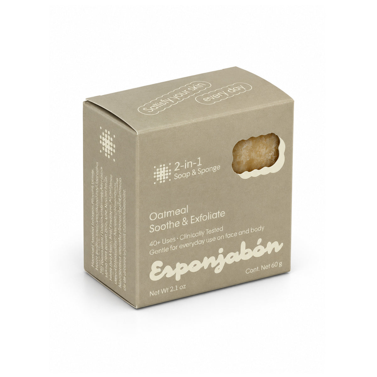 Mini Esponjabón Oatmeal 2-in-1 soap sponge box, three-quarter view
